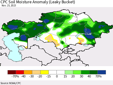 Kazakhstan CPC Soil Moisture Anomaly (Leaky Bucket) Thematic Map For 11/21/2023 - 11/25/2023
