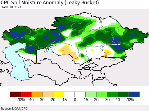 Kazakhstan CPC Soil Moisture Anomaly (Leaky Bucket) Thematic Map For 11/26/2023 - 11/30/2023