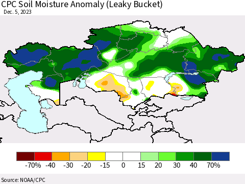 Kazakhstan CPC Soil Moisture Anomaly (Leaky Bucket) Thematic Map For 12/1/2023 - 12/5/2023