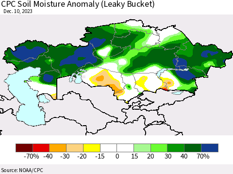 Kazakhstan CPC Soil Moisture Anomaly (Leaky Bucket) Thematic Map For 12/6/2023 - 12/10/2023