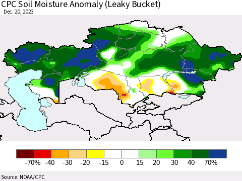 Kazakhstan CPC Soil Moisture Anomaly (Leaky Bucket) Thematic Map For 12/16/2023 - 12/20/2023