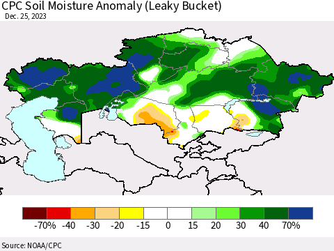 Kazakhstan CPC Soil Moisture Anomaly (Leaky Bucket) Thematic Map For 12/21/2023 - 12/25/2023
