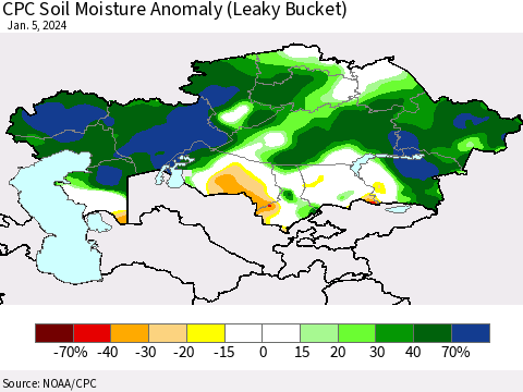 Kazakhstan CPC Soil Moisture Anomaly (Leaky Bucket) Thematic Map For 1/1/2024 - 1/5/2024