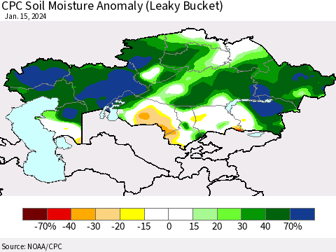 Kazakhstan CPC Soil Moisture Anomaly (Leaky Bucket) Thematic Map For 1/11/2024 - 1/15/2024