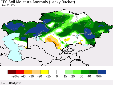 Kazakhstan CPC Soil Moisture Anomaly (Leaky Bucket) Thematic Map For 1/16/2024 - 1/20/2024