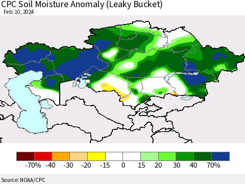 Kazakhstan CPC Soil Moisture Anomaly (Leaky Bucket) Thematic Map For 2/6/2024 - 2/10/2024