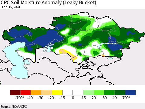 Kazakhstan CPC Soil Moisture Anomaly (Leaky Bucket) Thematic Map For 2/11/2024 - 2/15/2024