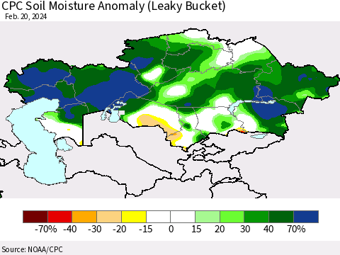 Kazakhstan CPC Soil Moisture Anomaly (Leaky Bucket) Thematic Map For 2/16/2024 - 2/20/2024