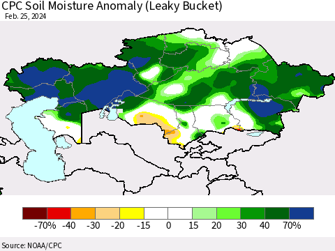 Kazakhstan CPC Soil Moisture Anomaly (Leaky Bucket) Thematic Map For 2/21/2024 - 2/25/2024