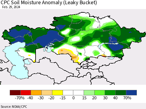 Kazakhstan CPC Soil Moisture Anomaly (Leaky Bucket) Thematic Map For 2/26/2024 - 2/29/2024