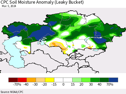 Kazakhstan CPC Soil Moisture Anomaly (Leaky Bucket) Thematic Map For 3/1/2024 - 3/5/2024