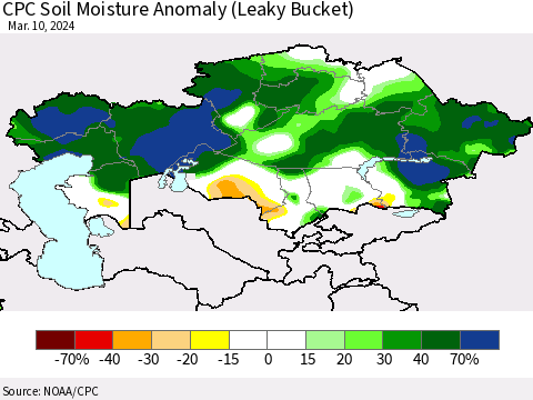 Kazakhstan CPC Soil Moisture Anomaly (Leaky Bucket) Thematic Map For 3/6/2024 - 3/10/2024