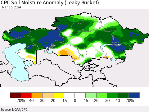 Kazakhstan CPC Soil Moisture Anomaly (Leaky Bucket) Thematic Map For 3/11/2024 - 3/15/2024