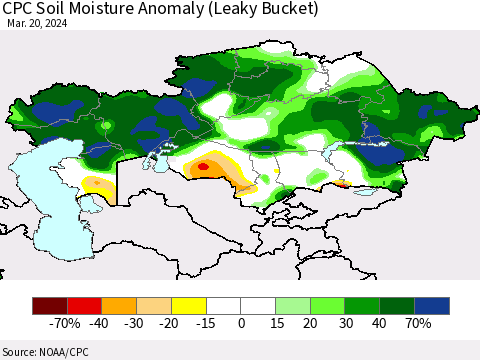 Kazakhstan CPC Soil Moisture Anomaly (Leaky Bucket) Thematic Map For 3/16/2024 - 3/20/2024