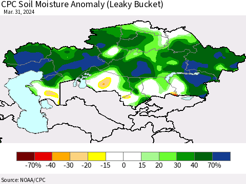 Kazakhstan CPC Soil Moisture Anomaly (Leaky Bucket) Thematic Map For 3/26/2024 - 3/31/2024