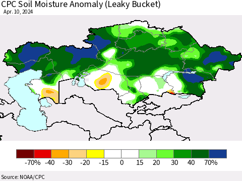 Kazakhstan CPC Soil Moisture Anomaly (Leaky Bucket) Thematic Map For 4/6/2024 - 4/10/2024