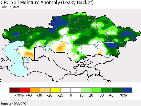 Kazakhstan CPC Soil Moisture Anomaly (Leaky Bucket) Thematic Map For 4/11/2024 - 4/15/2024