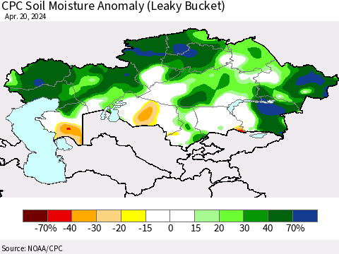 Kazakhstan CPC Soil Moisture Anomaly (Leaky Bucket) Thematic Map For 4/16/2024 - 4/20/2024