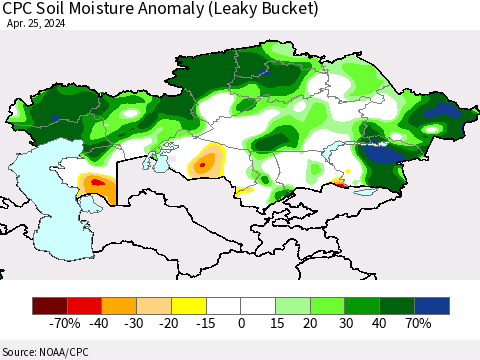 Kazakhstan CPC Soil Moisture Anomaly (Leaky Bucket) Thematic Map For 4/21/2024 - 4/25/2024