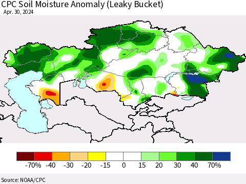 Kazakhstan CPC Soil Moisture Anomaly (Leaky Bucket) Thematic Map For 4/26/2024 - 4/30/2024
