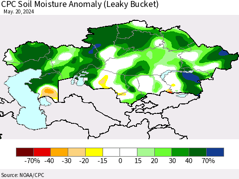 Kazakhstan CPC Soil Moisture Anomaly (Leaky Bucket) Thematic Map For 5/16/2024 - 5/20/2024