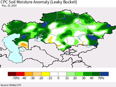 Kazakhstan CPC Soil Moisture Anomaly (Leaky Bucket) Thematic Map For 5/21/2024 - 5/25/2024