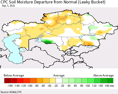 Kazakhstan CPC Soil Moisture Departure from Normal (Leaky Bucket) Thematic Map For 9/1/2021 - 9/5/2021