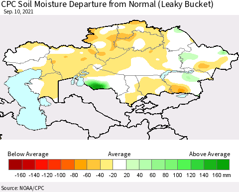 Kazakhstan CPC Soil Moisture Departure from Normal (Leaky Bucket) Thematic Map For 9/6/2021 - 9/10/2021