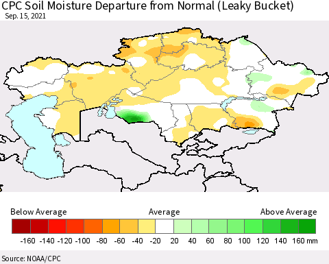 Kazakhstan CPC Soil Moisture Departure from Normal (Leaky Bucket) Thematic Map For 9/11/2021 - 9/15/2021