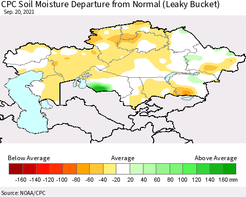 Kazakhstan CPC Soil Moisture Departure from Normal (Leaky Bucket) Thematic Map For 9/16/2021 - 9/20/2021
