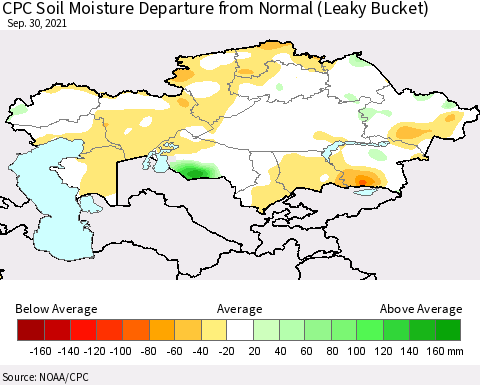 Kazakhstan CPC Soil Moisture Departure from Normal (Leaky Bucket) Thematic Map For 9/26/2021 - 9/30/2021