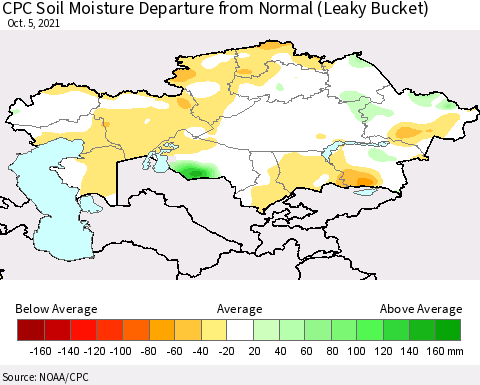 Kazakhstan CPC Soil Moisture Departure from Normal (Leaky Bucket) Thematic Map For 10/1/2021 - 10/5/2021
