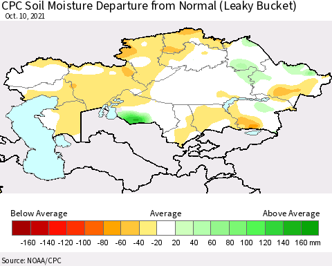 Kazakhstan CPC Soil Moisture Departure from Normal (Leaky Bucket) Thematic Map For 10/6/2021 - 10/10/2021