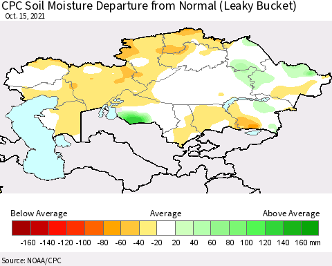 Kazakhstan CPC Soil Moisture Departure from Normal (Leaky Bucket) Thematic Map For 10/11/2021 - 10/15/2021