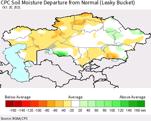 Kazakhstan CPC Soil Moisture Departure from Normal (Leaky Bucket) Thematic Map For 10/16/2021 - 10/20/2021