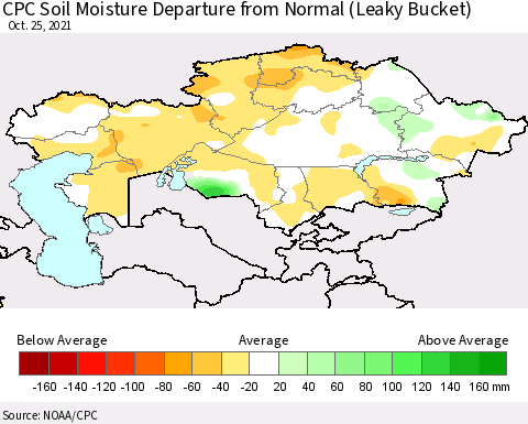 Kazakhstan CPC Soil Moisture Departure from Normal (Leaky Bucket) Thematic Map For 10/21/2021 - 10/25/2021