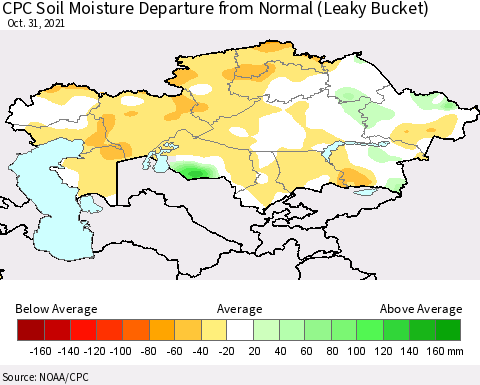 Kazakhstan CPC Soil Moisture Departure from Normal (Leaky Bucket) Thematic Map For 10/26/2021 - 10/31/2021