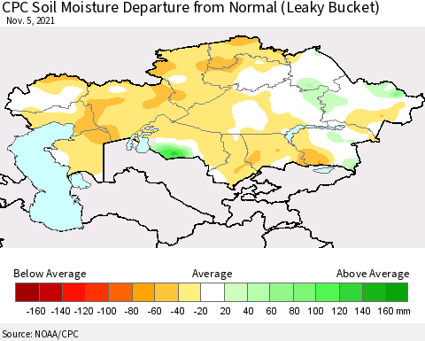 Kazakhstan CPC Soil Moisture Departure from Normal (Leaky Bucket) Thematic Map For 11/1/2021 - 11/5/2021