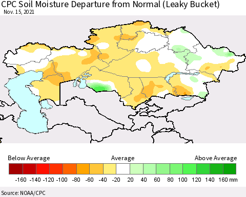 Kazakhstan CPC Soil Moisture Departure from Normal (Leaky Bucket) Thematic Map For 11/11/2021 - 11/15/2021