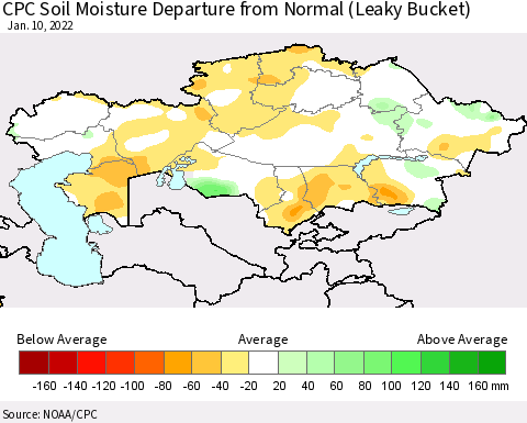 Kazakhstan CPC Soil Moisture Departure from Normal (Leaky Bucket) Thematic Map For 1/6/2022 - 1/10/2022