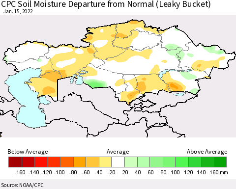 Kazakhstan CPC Soil Moisture Departure from Normal (Leaky Bucket) Thematic Map For 1/11/2022 - 1/15/2022