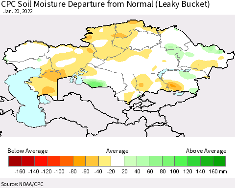 Kazakhstan CPC Soil Moisture Departure from Normal (Leaky Bucket) Thematic Map For 1/16/2022 - 1/20/2022
