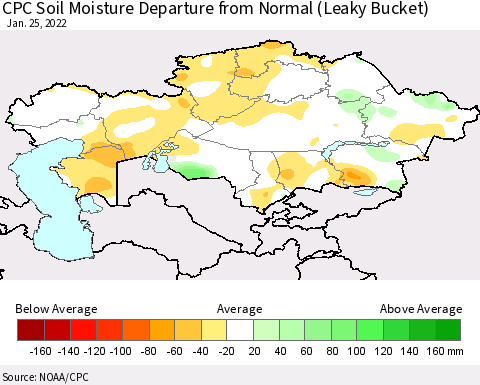 Kazakhstan CPC Soil Moisture Departure from Normal (Leaky Bucket) Thematic Map For 1/21/2022 - 1/25/2022