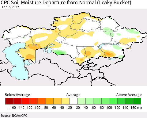 Kazakhstan CPC Soil Moisture Departure from Normal (Leaky Bucket) Thematic Map For 2/1/2022 - 2/5/2022