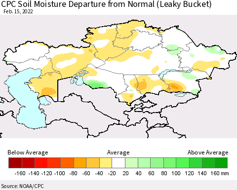 Kazakhstan CPC Soil Moisture Departure from Normal (Leaky Bucket) Thematic Map For 2/11/2022 - 2/15/2022