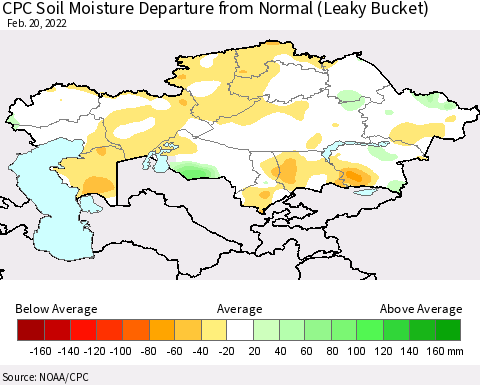 Kazakhstan CPC Soil Moisture Departure from Normal (Leaky Bucket) Thematic Map For 2/16/2022 - 2/20/2022