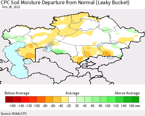 Kazakhstan CPC Soil Moisture Departure from Normal (Leaky Bucket) Thematic Map For 2/26/2022 - 2/28/2022