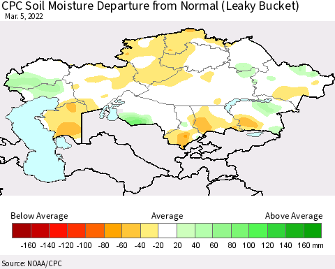 Kazakhstan CPC Soil Moisture Departure from Normal (Leaky Bucket) Thematic Map For 3/1/2022 - 3/5/2022