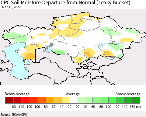 Kazakhstan CPC Soil Moisture Departure from Normal (Leaky Bucket) Thematic Map For 3/6/2022 - 3/10/2022