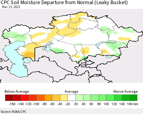 Kazakhstan CPC Soil Moisture Departure from Normal (Leaky Bucket) Thematic Map For 3/11/2022 - 3/15/2022